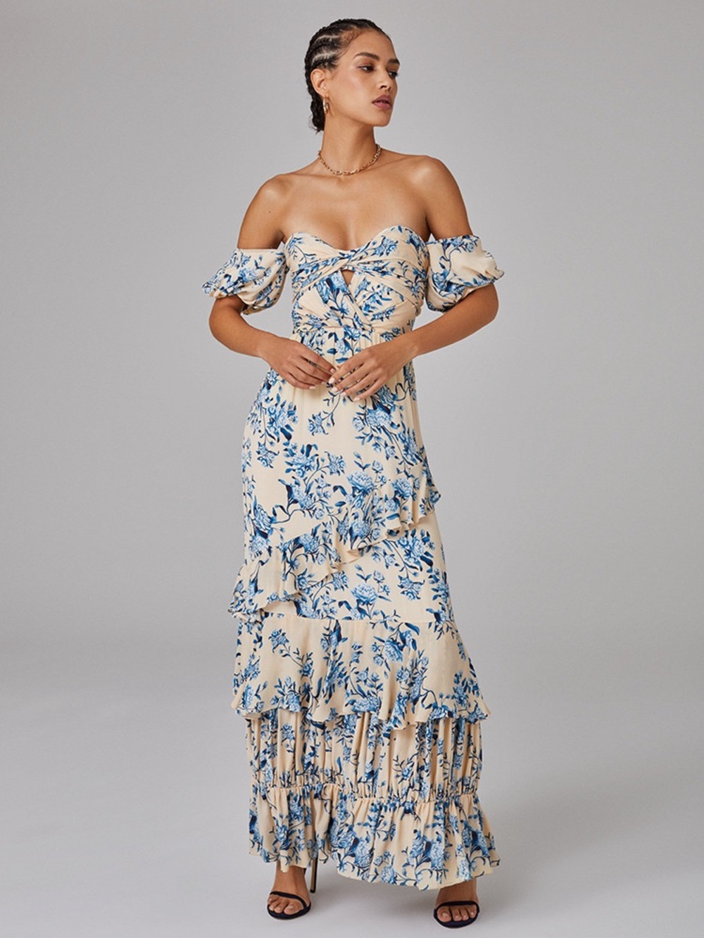Johanna Ortiz Georgette Off-Shoulder Blue Floral Maxi Dress - Cream Blue